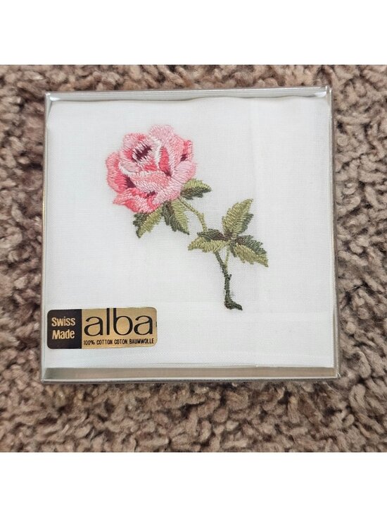 Alba Swiss Accessories - Vintage Alba Swiss Handkerchief Pink Rose Embroidery 11x11 100% Cotton NWT